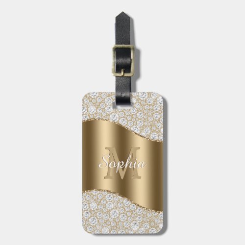 Diamonds Large Gold Monogram White Script Name Luggage Tag