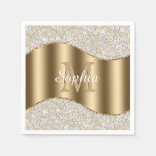 Diamonds, Large Gold Monogram, White Script Name Napkins