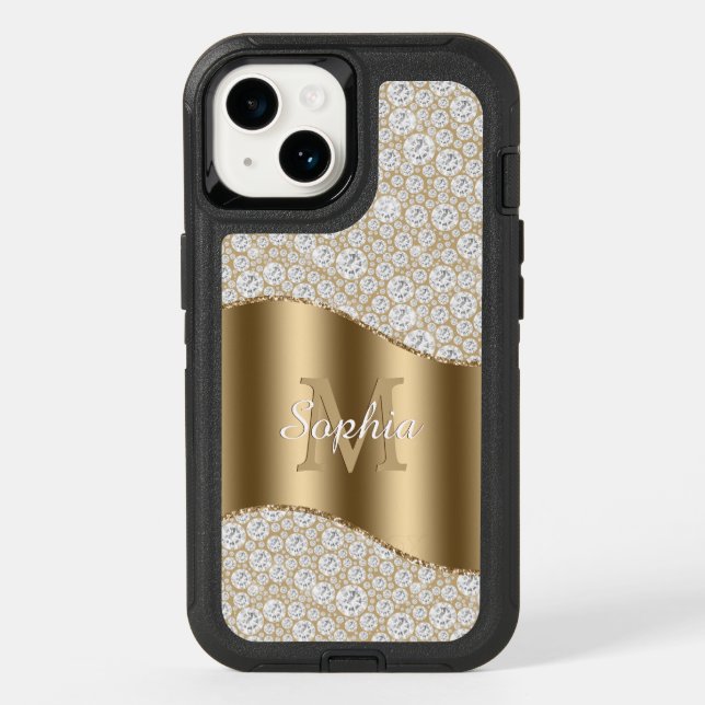 Diamonds, Large Gold Monogram, White Script Name Otterbox iPhone Case (Back)