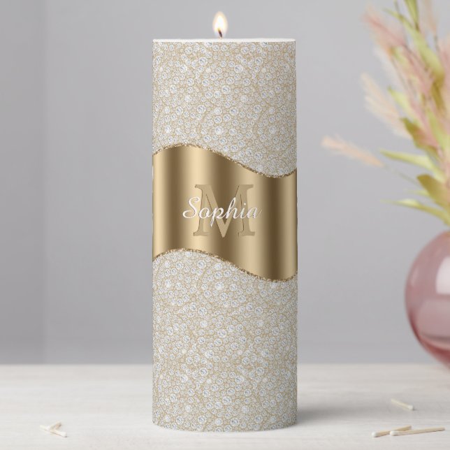 Diamonds, Large Gold Monogram White Script Name Pillar Candle (In Situ)