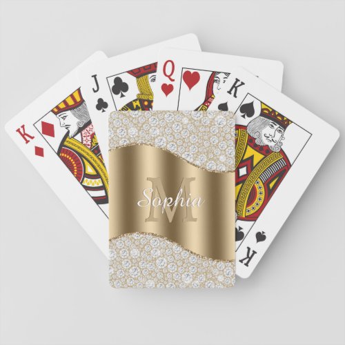 Diamonds Large Gold Monogram White Script Name Playing Cards