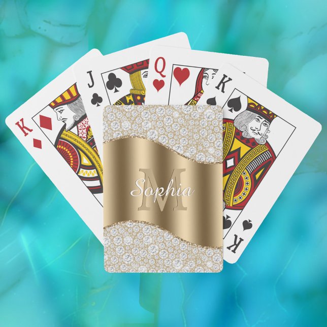 Diamonds, Large Gold Monogram, White Script Name Poker Cards (Creator Uploaded)