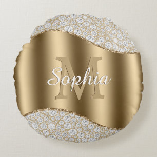 Diamonds, Large Gold Monogram, White Script Name Round Pillow