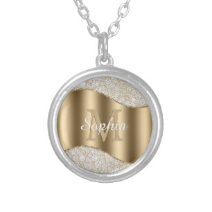 Diamonds, Large Gold Monogram, White Script Name Silver Plated Necklace