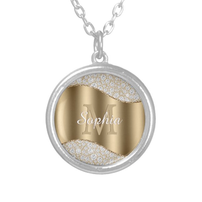 Diamonds, Large Gold Monogram, White Script Name Silver Plated Necklace (Front)