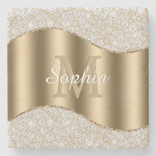 Diamonds Large Gold Monogram White Script Name Stone Coaster