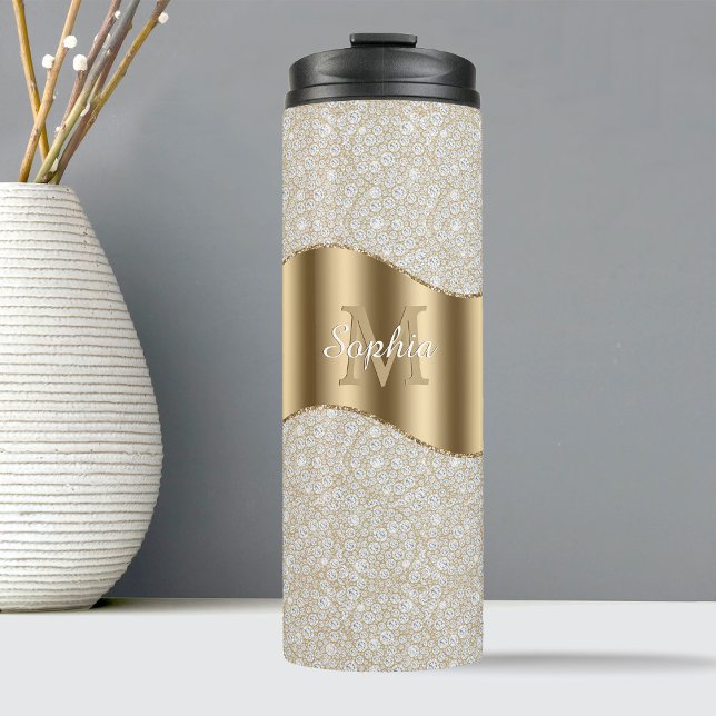 Diamonds, Large Gold Monogram White Script Name Thermal Tumbler (Creator Uploaded)