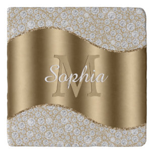 Diamonds, Large Gold Monogram, White Script Name Trivet