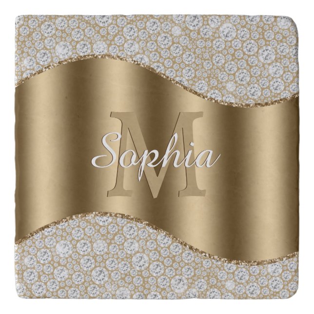 Diamonds, Large Gold Monogram, White Script Name Trivet (Front)