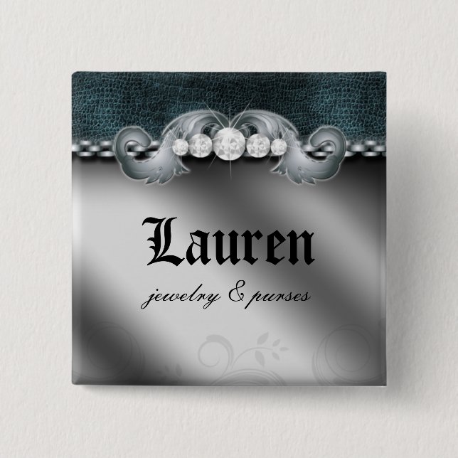 Diamonds Leather Jewelry Purse Silver Blue Brooch Pinback Button (Front)