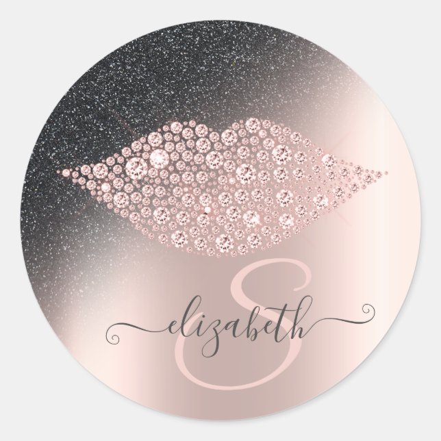 Diamonds Lips Glitter Ombre Rose Gold Classic Round Sticker (Front)