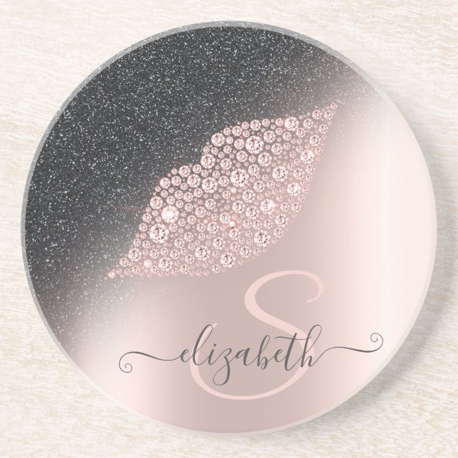 Diamonds Lips Glitter Ombre Rose Gold  Coaster (Front)