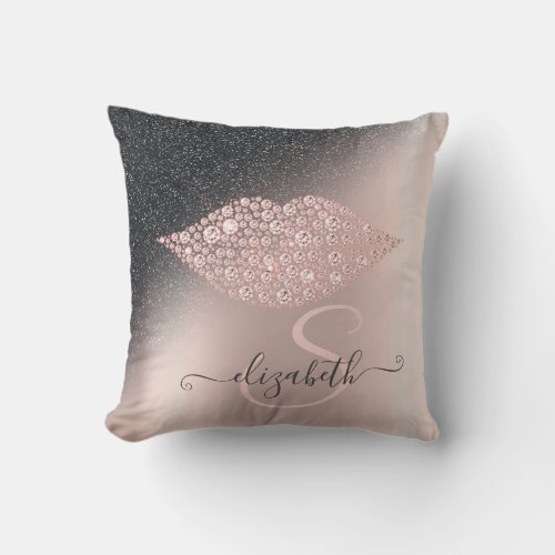 Diamonds Lips Glitter Ombre Rose Gold   Throw Pillow