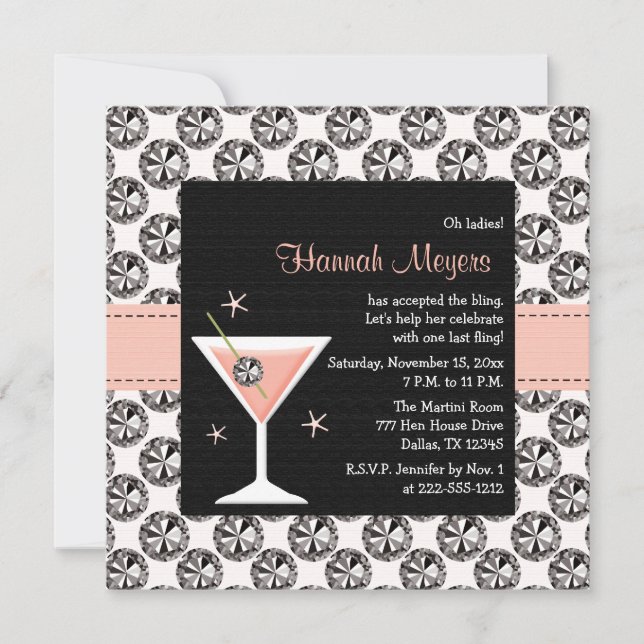 Diamonds Martini Bachelorette Party Invitations (Front)