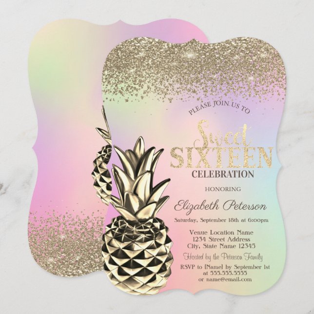 Diamonds,Metallic Pineapple Holographic Sweet 16  Invitation (Front/Back)