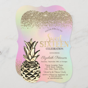 Diamonds,Metallic Pineapple Holographic Sweet 16 Invitation