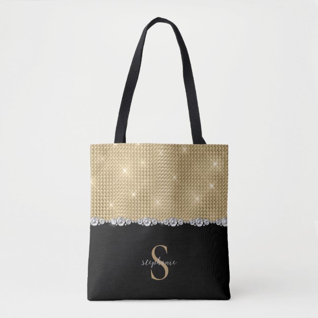 Diamonds Monogram Gold Black Luxury Sophisticated Tote Bag (Front)