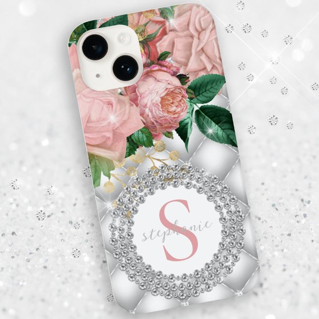 Diamonds Monogram Pink Roses Sparkly Bling Tufted  Case-Mate iPhone Case (Diamonds Monogram Pink Roses Sparkly Bling Tufted Case-Mate iPhone Case)