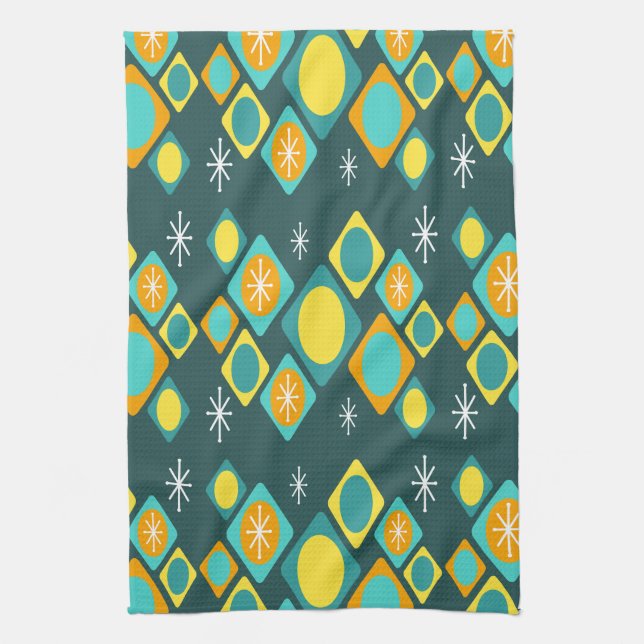 Diamonds Ovals Starbursts Teal Kitchen Towel (Vertical)