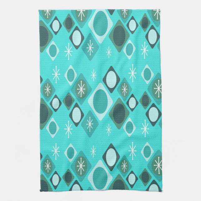 Diamonds Ovals Starbursts Turquoise Kitchen Towel (Vertical)