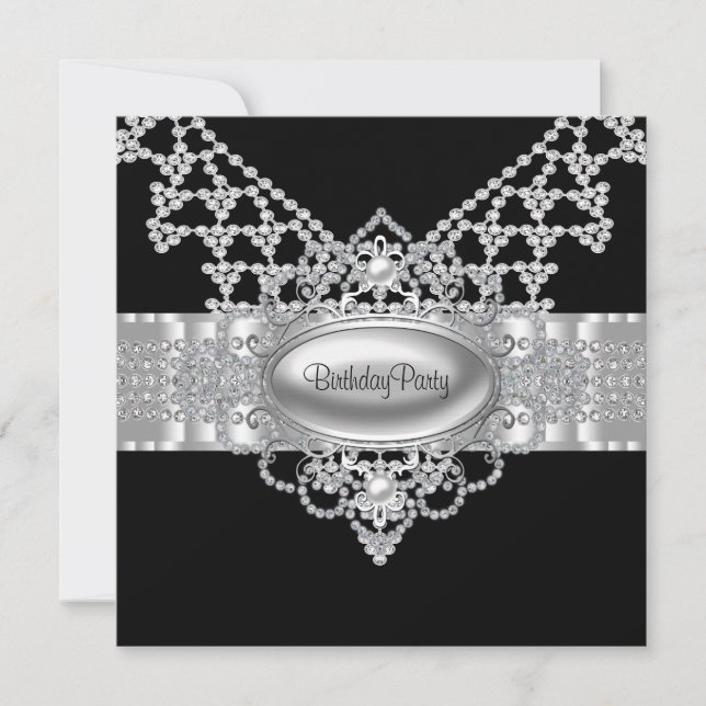 Diamonds Pearls Black Birthday Party Invitations (Front)