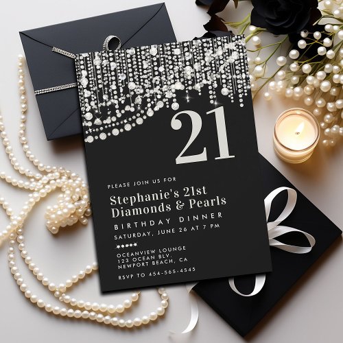 Diamonds Pearls Black White 21st Birthday Dinner Invitation