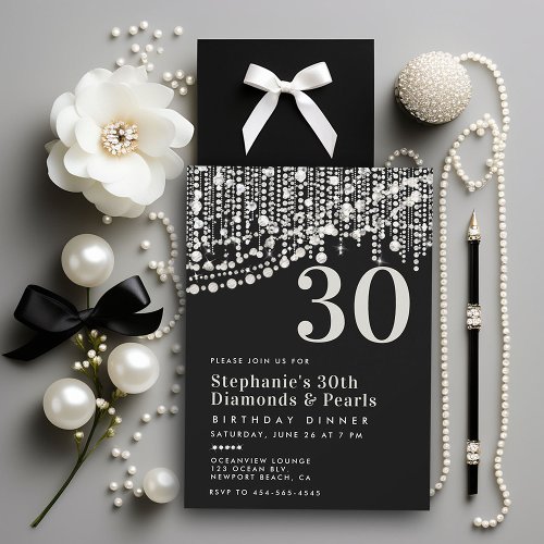Diamonds Pearls Black White 30th Birthday Dinner Invitation