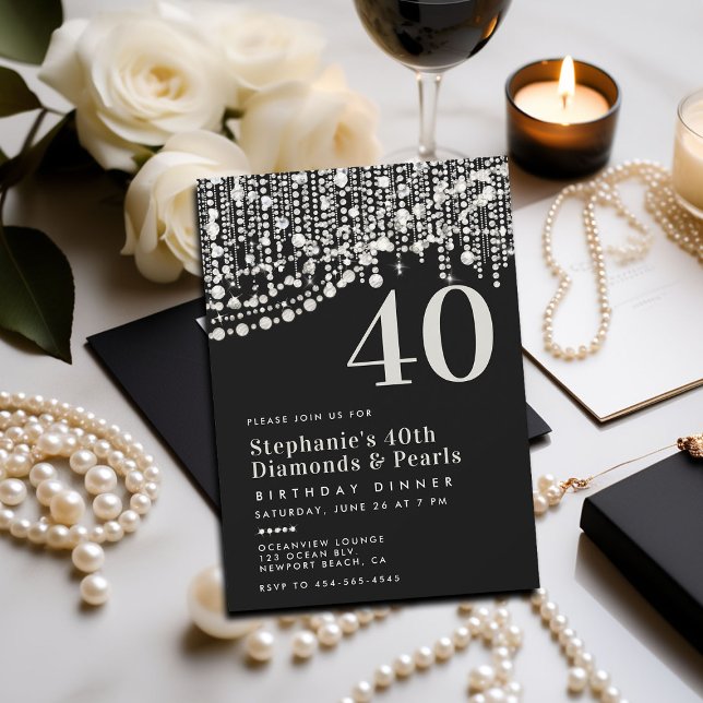 Diamonds Pearls Black White 40th Birthday Dinner Invitation (birthday dinner party invitation 40th for women black white formal elegant diamonds pearls chic lady)