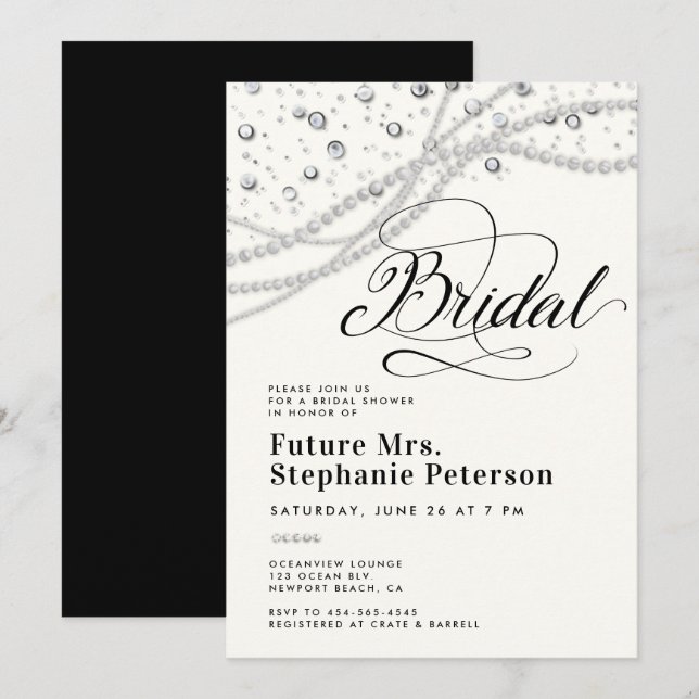 Diamonds Pearls Black White Chic Mrs Bridal Shower Invitation (Front/Back)