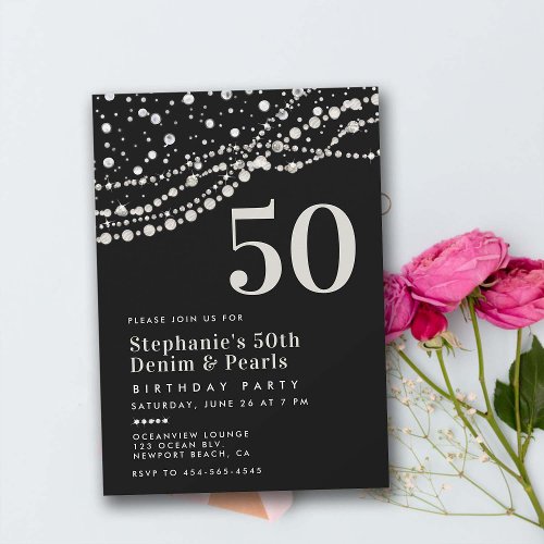 Diamonds Pearls Black White Elegant 50th Birthday Invitation