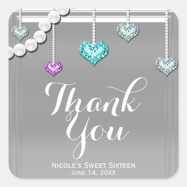 Diamonds & Pearls Bling Jewels Silver Glam Party Square Sticker (Front)