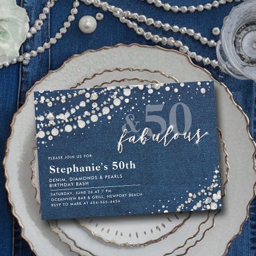 Diamonds Pearls Denim Chic Fabulous 50th Birthday Invitation