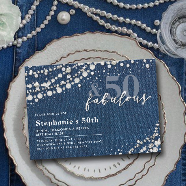 Diamonds Pearls Denim Chic Fabulous 50th Birthday Invitation (50th birthday invitation women denim diamonds pearls modern elegant classy chic bling glitz glam)