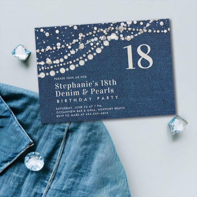 Diamonds Pearls Denim Elegant Classy 18th Birthday Invitation (denim diamonds pearls 18 eighteenth birthday party invitation modern contemporary classy elegant )
