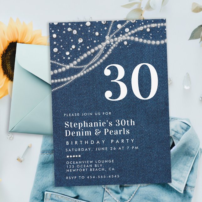 Diamonds Pearls Denim Elegant Classy 30th Birthday Invitation (denim pearls 30th birthday party invitation template for women elegant classy rustic chic feminine)
