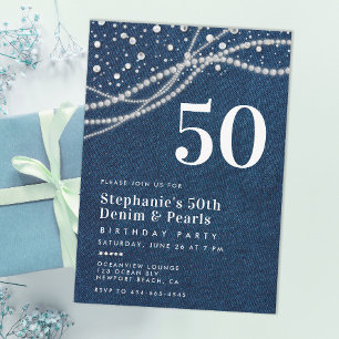 Diamonds Pearls Denim Elegant Classy 50th Birthday Invitation