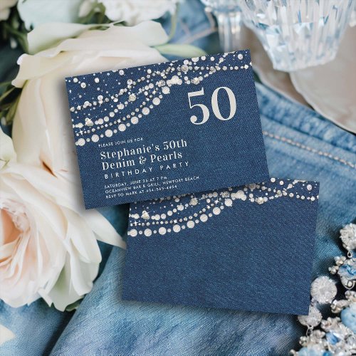 Diamonds Pearls Denim Elegant Classy 50th Birthday Invitation