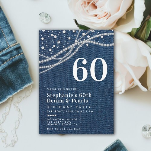 Diamonds Pearls Denim Elegant Classy 60th Birthday Invitation