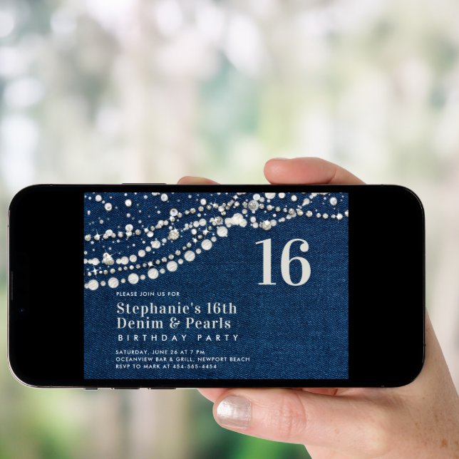 Diamonds Pearls Denim Elegant Classy Chic Sweet 16 Invitation (Front Digital)