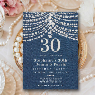 Diamonds Pearls Denim Glitz Glam 30th Birthday Invitation