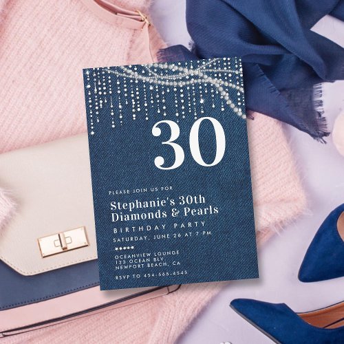 Diamonds Pearls Denim Modern Classy 30th Birthday Invitation