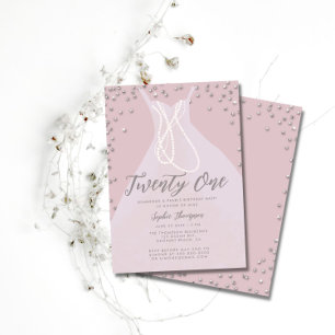 Diamonds Pearls Elegant Dress Pink 21st Bday Bash Invitation