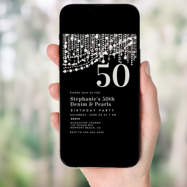 Diamonds Pearls Fringe Black White 50th Birthday Invitation (Front Digital)