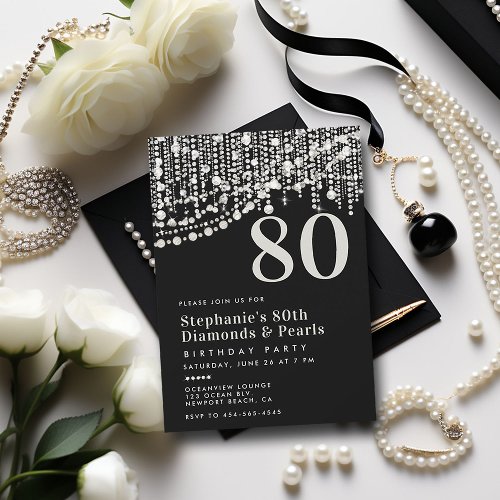 Diamonds Pearls Fringe Black White 80th Birthday Invitation