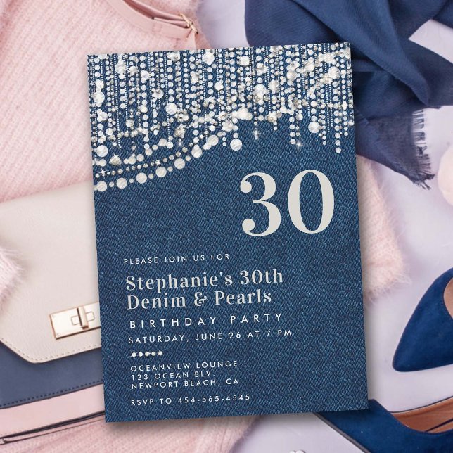 Diamonds Pearls Fringe Jean Denim 30th Birthday Invitation (denim diamonds pearls theme party 30th birthday for women elegant classy bling chic feminine jean)