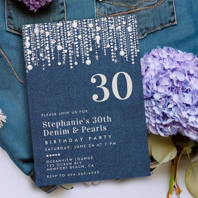 Diamonds Pearls Jean Denim Classy 30th Birthday Invitation (diamonds and pearls 30th birthday invitation for women jean denim elegant classy bling party western)