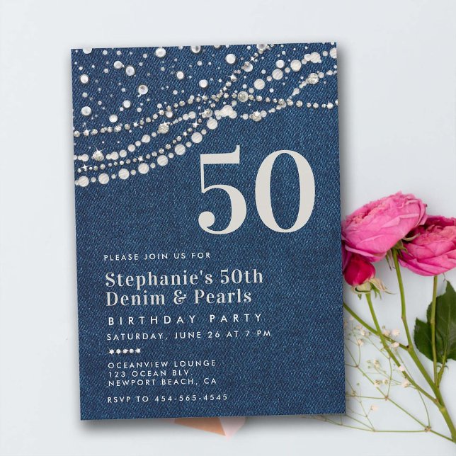 Diamonds Pearls Jeans Elegant Classy 50th Birthday Invitation (diamonds pearls 50th birthday invitation for her women elegant classy bling jean rustic western chic)