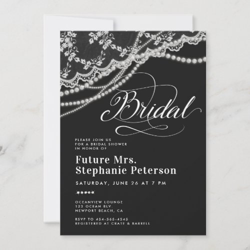 Diamonds Pearls Lace Black White Bridal Shower Invitation