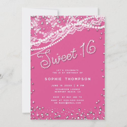 Diamonds Pearls Lace Girly Pink Elegant Sweet 16 Invitation