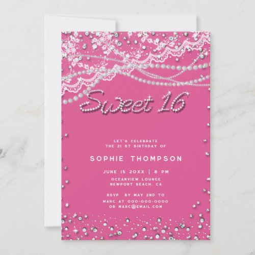Diamonds Pearls Lace Pretty Pink Elegant Sweet 16 Invitation